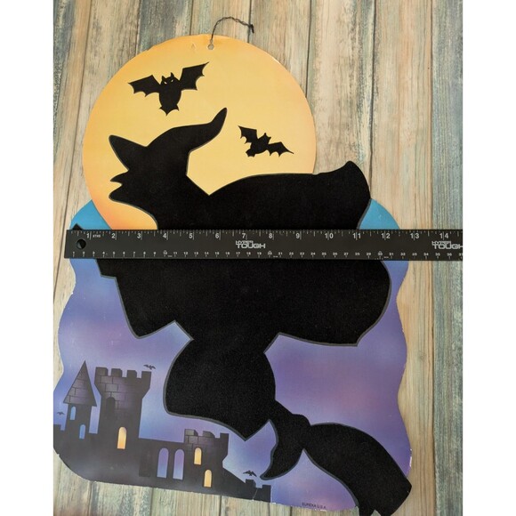 Vintage Halloween Witch Castle Bats Flocked Wall Hanging Decoration 13x17 Eureka - Picture 5 of 6